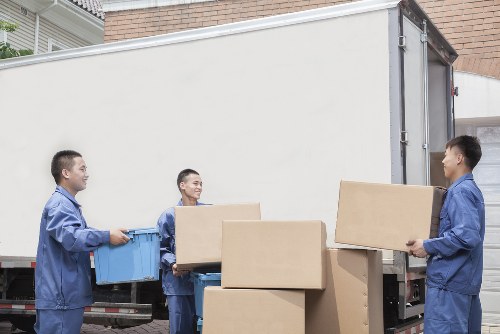Packed office furniture and equipment ready for transport