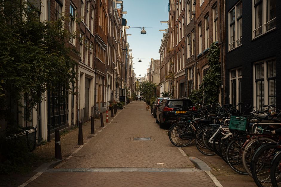 A narrow residential street scene in Belsize Park with tall, closely spaced brick houses on both sides, some with small front gardens and potted plants. Parked on the right side of the street are several bicycles secured to bike racks, alongside a few parked cars including a black vehicle. The pavement is made of brick and concrete, with street lighting fixtures hanging overhead. Trees and greenery are visible along the street frontage, providing a green backdrop to the urban environment. The sky is clear with natural daylight illuminating the scene, indicating daytime. This setting represents a typical location suitable for house removals and home relocation services by Man With a Van Belsize Park, highlighting the challenges of narrow access for furniture transport in historic residential areas.